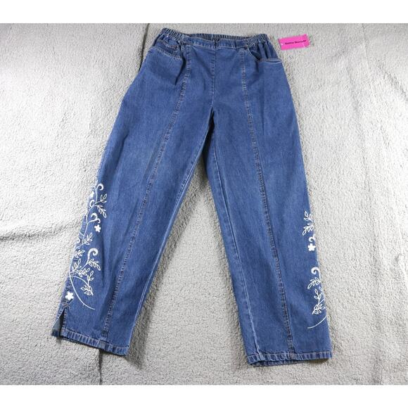 New Cathy Daniels Jeans Large Blue Denim Embroidered White Floral Vintage Pants - Picture 1 of 6